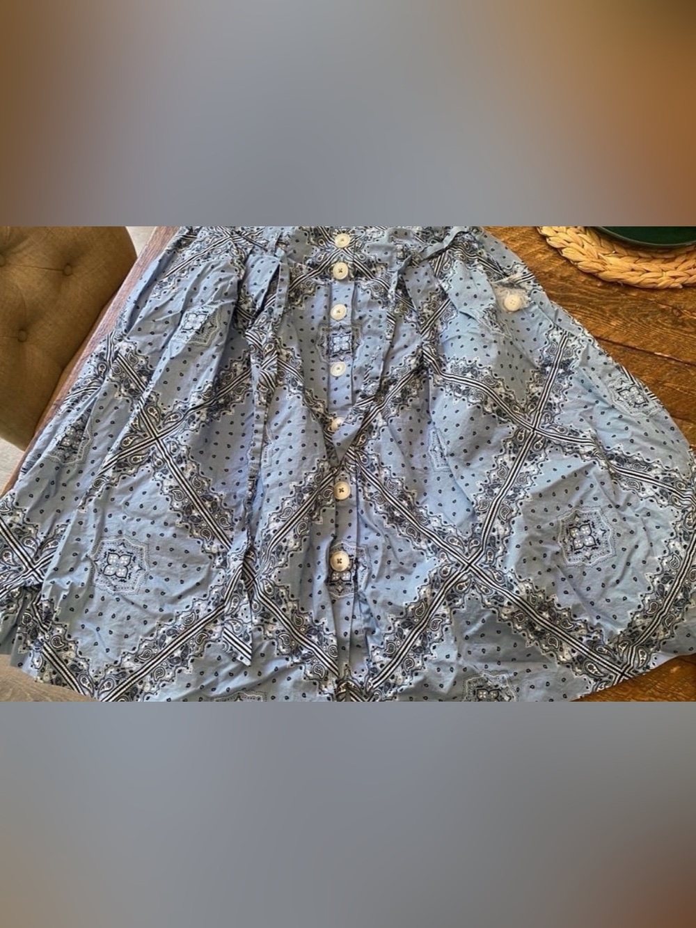 Button-Front Blue Patterned Women's Skirt (Size L)